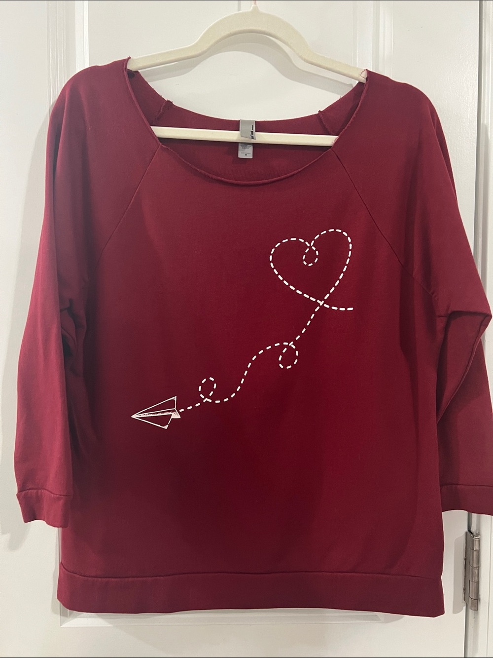 Women's Maroon Long Sleeve Tee with Paper Plane Heart Graphic